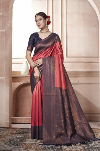 Wine kanjivaram silk blend zari Weaving With Gold Zari Border And Pallu Saree With Blouse For Women