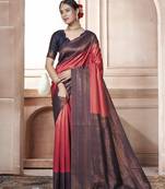 Wine kanjivaram silk blend zari Weaving With Gold Zari Border And Pallu Saree With Blouse For Women