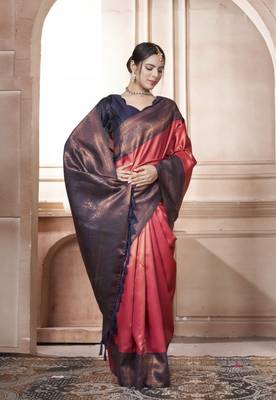 Wine kanjivaram silk blend zari Weaving With Gold Zari Border And Pallu Saree With Blouse For Women 2