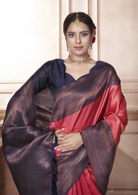 Wine kanjivaram silk blend zari Weaving With Gold Zari Border And Pallu Saree With Blouse For Women 3