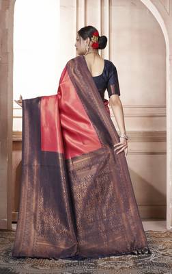 Wine kanjivaram silk blend zari Weaving With Gold Zari Border And Pallu Saree With Blouse For Women 4
