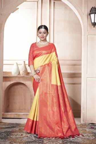 Lemon kanjivaram silk blend zari Weaving With Gold Zari Border And Pallu Saree With Blouse For Women