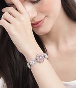 rhodium plated pink color crystal ad gemstone-studded adjustable hand bracelet for girls women