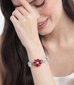 rhodium plated red color crystal ad gemstone-studded adjustable hand bracelet for girls women