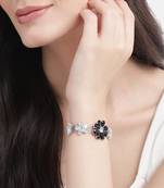 rhodium plated black color crystal ad gemstone-studded adjustable hand bracelet for girls women