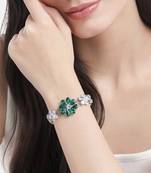 rhodium plated green color crystal ad gemstone-studded adjustable hand bracelet for girls women