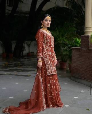 Brown embroidered faux georgette kurta pant with dupatta 1