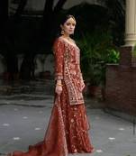 Brown embroidered faux georgette kurta pant with dupatta