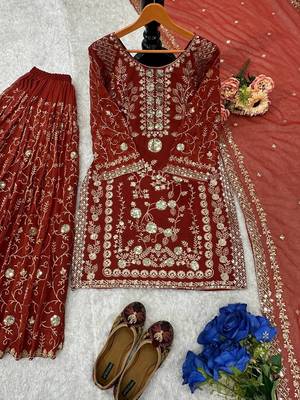 Brown embroidered faux georgette kurta pant with dupatta 2