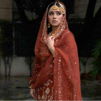 Brown embroidered faux georgette kurta pant with dupatta 3