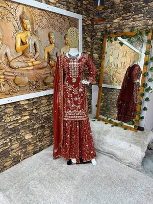 Brown embroidered faux georgette kurta pant with dupatta 4