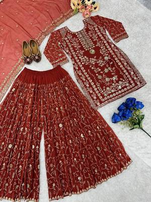 Brown embroidered faux georgette kurta pant with dupatta 5