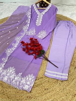 Graceful Purple Embroidered Georgette Kurta Pant Set with Dupatta 5