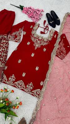 Red Georgette Kurta Pant with Dupatta 2
