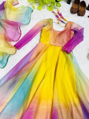 Multicolour digital print organza  kurta with dupatta 2