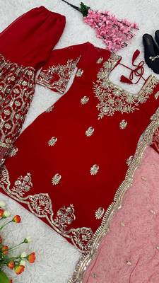 Red Georgette Kurta Pant with Dupatta 3