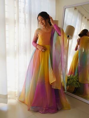Multicolour digital print organza  kurta with dupatta 1