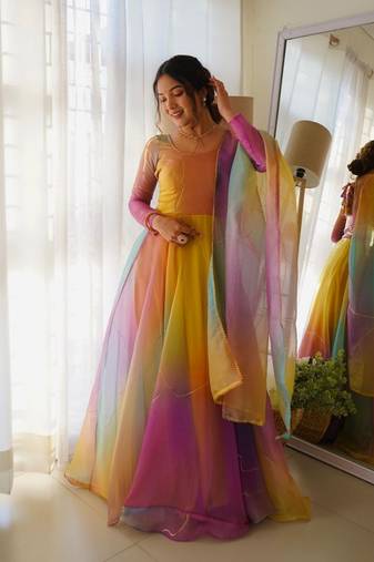 Multicolour digital print organza  kurta with dupatta