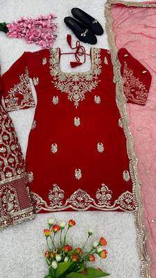 Red Georgette Kurta Pant with Dupatta 4