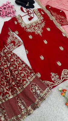 Red Georgette Kurta Pant with Dupatta 5