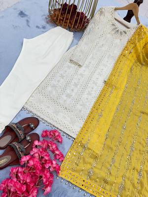 White embroidered faux georgette kurta pant with dupatta 2