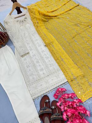 White embroidered faux georgette kurta pant with dupatta 4