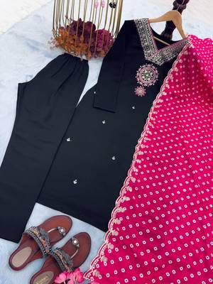 Black embroidered art silk kurta pant with dupatta 5