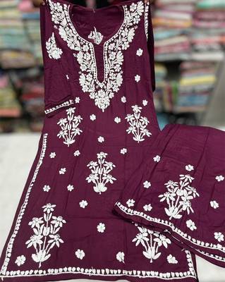 Maroon chikankari rayon  kurta with pant 1