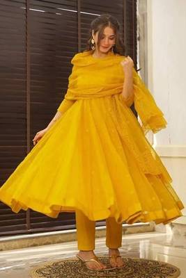 Yellow Faux Georgette Anarkali Set With Thread Embroidery 2