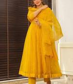 Yellow Faux Georgette Anarkali Set With Thread Embroidery