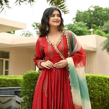 Designer gold print and coin lace work flared rayon kurta pant with chiffon dupatta set for women stitched 2