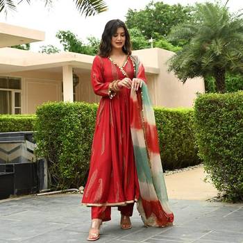 Designer gold print and coin lace work flared rayon kurta pant with chiffon dupatta set for women stitched 3