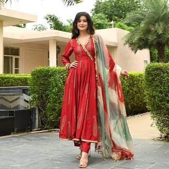 Designer gold print and coin lace work flared rayon kurta pant with chiffon dupatta set for women stitched 1