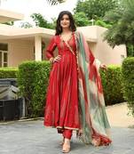 Designer gold print and coin lace work flared rayon kurta pant with chiffon dupatta set for women stitched