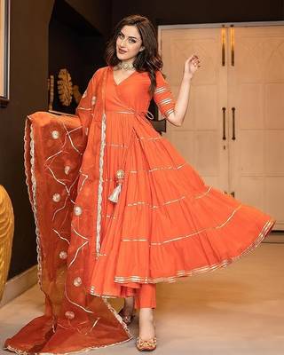 Coral Orange Cotton Gota Patti Embroidered Kurta Set 1