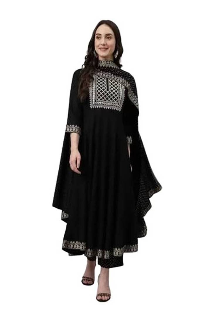 Black printed viscose rayon kurta pant with dupatta