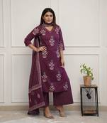 Wine embroidered cotton kurta pant with dupatta
