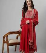 Red printed viscose rayon kurta pant with dupatta
