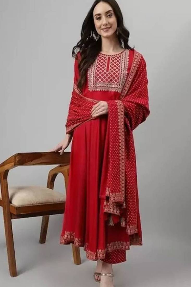 Red printed viscose rayon kurta pant with dupatta