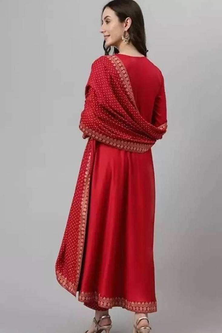 Red printed viscose rayon kurta pant with dupatta