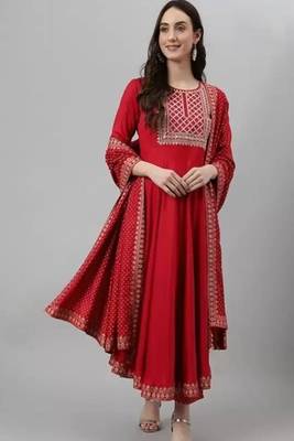 Red printed viscose rayon kurta pant with dupatta 4
