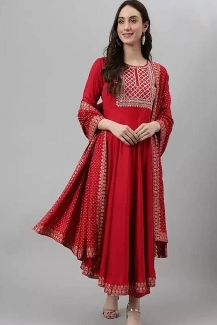 Red printed viscose rayon kurta pant with dupatta
