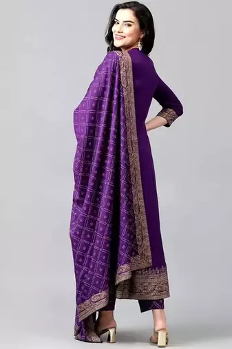 Purple printed cotton kurta pant with dupatta
