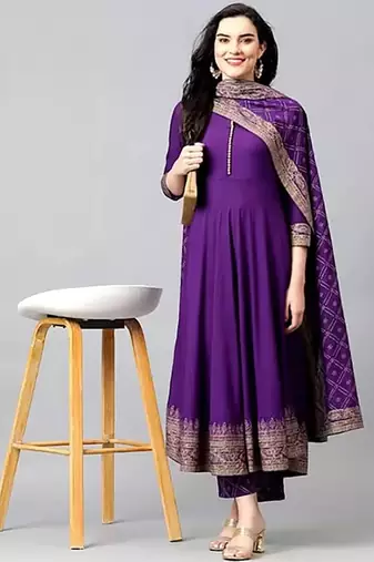 Purple printed cotton kurta pant with dupatta