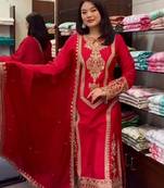 Red embroidered chiffon kurta pant with dupatta