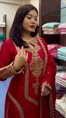 Red embroidered chiffon kurta pant with dupatta 3
