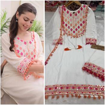 White embroidered rayon kurta pant with dupatta 2