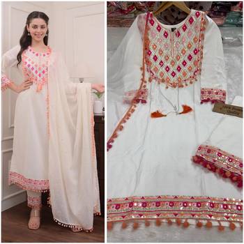 White embroidered rayon kurta pant with dupatta 1