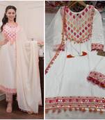 White embroidered rayon kurta pant with dupatta