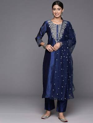Navy Blue Blended Cotton Salwar Suit Silver Embroidery 1